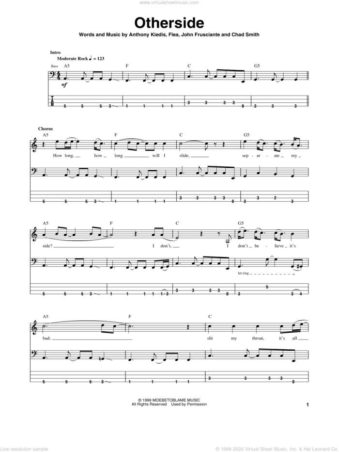 Otherside sheet music for bass (tablature) (bass guitar) by Red Hot Chili Peppers, Anthony Kiedis, Chad Smith, Flea and John Frusciante, intermediate skill level