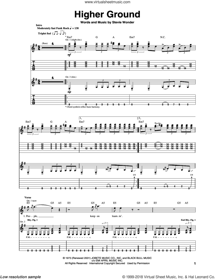 Higher Ground sheet music for guitar (tablature) by Red Hot Chili Peppers and Stevie Wonder, intermediate skill level