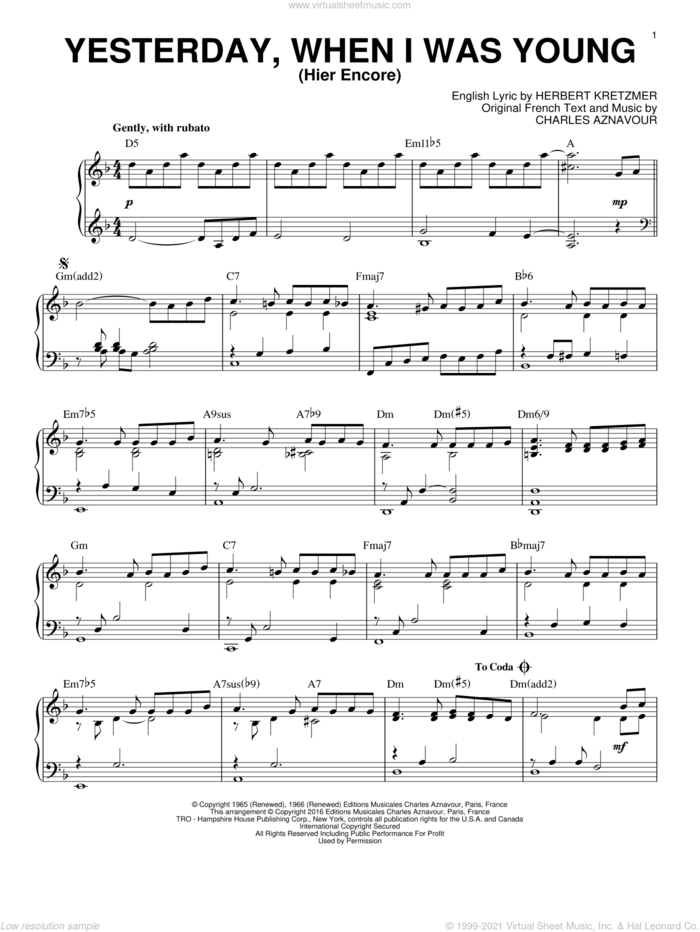 Yesterday, When I Was Young (Hier Encore) [Jazz version] (arr. Brent Edstrom) sheet music for piano solo by Herbert Kretzmer, Roy Clark and Charles Aznavour, intermediate skill level