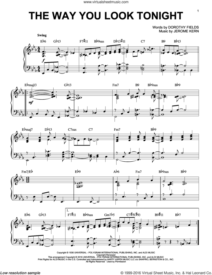 The Way You Look Tonight [Jazz version] (arr. Brent Edstrom) sheet music for piano solo by Jerome Kern and Dorothy Fields, wedding score, intermediate skill level