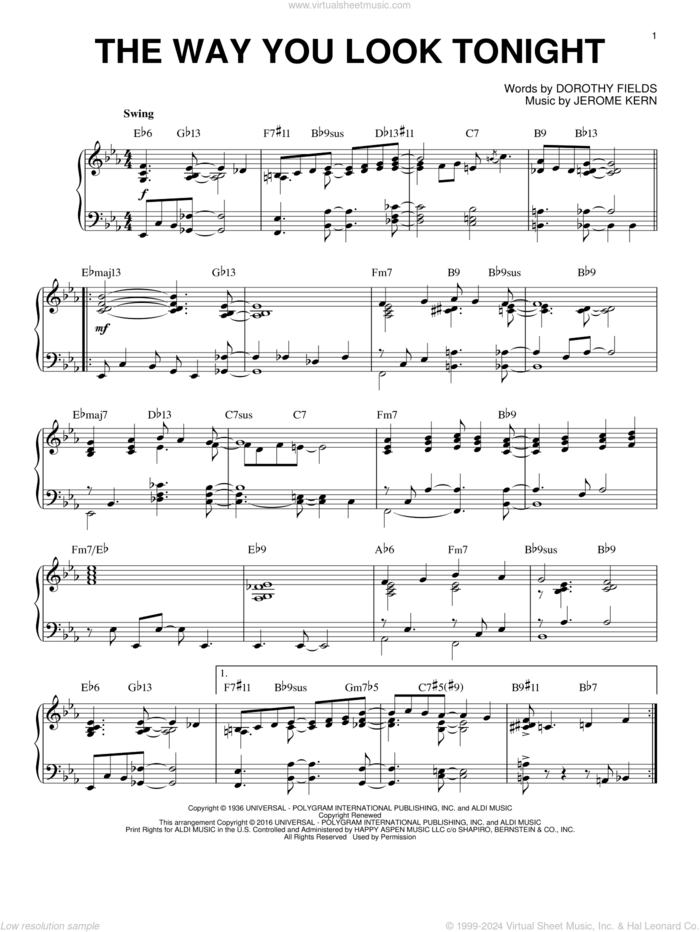 The Way You Look Tonight [Jazz version] (arr. Brent Edstrom) sheet music for piano solo by Jerome Kern and Dorothy Fields, wedding score, intermediate skill level