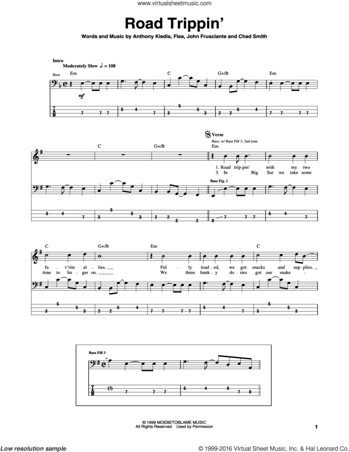 Road Trippin' sheet music for bass (tablature) (bass guitar) by Red Hot Chili Peppers, Anthony Kiedis, Chad Smith, Flea and John Frusciante, intermediate skill level