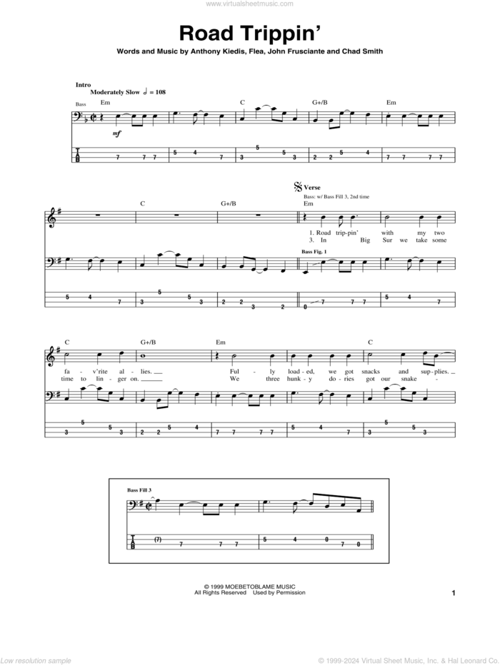 Road Trippin' sheet music for bass (tablature) (bass guitar) by Red Hot Chili Peppers, Anthony Kiedis, Chad Smith, Flea and John Frusciante, intermediate skill level