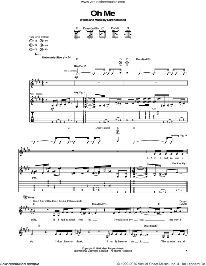 Oh Me sheet music for guitar (tablature) by Nirvana and Curt Kirkwood, intermediate skill level