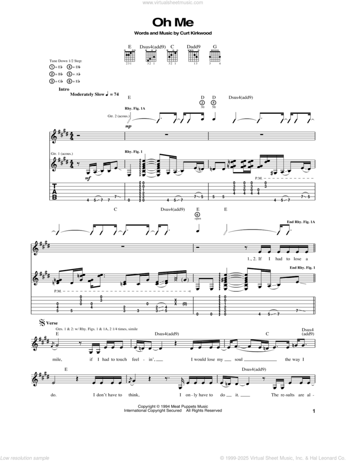 Oh Me sheet music for guitar (tablature) by Nirvana and Curt Kirkwood, intermediate skill level