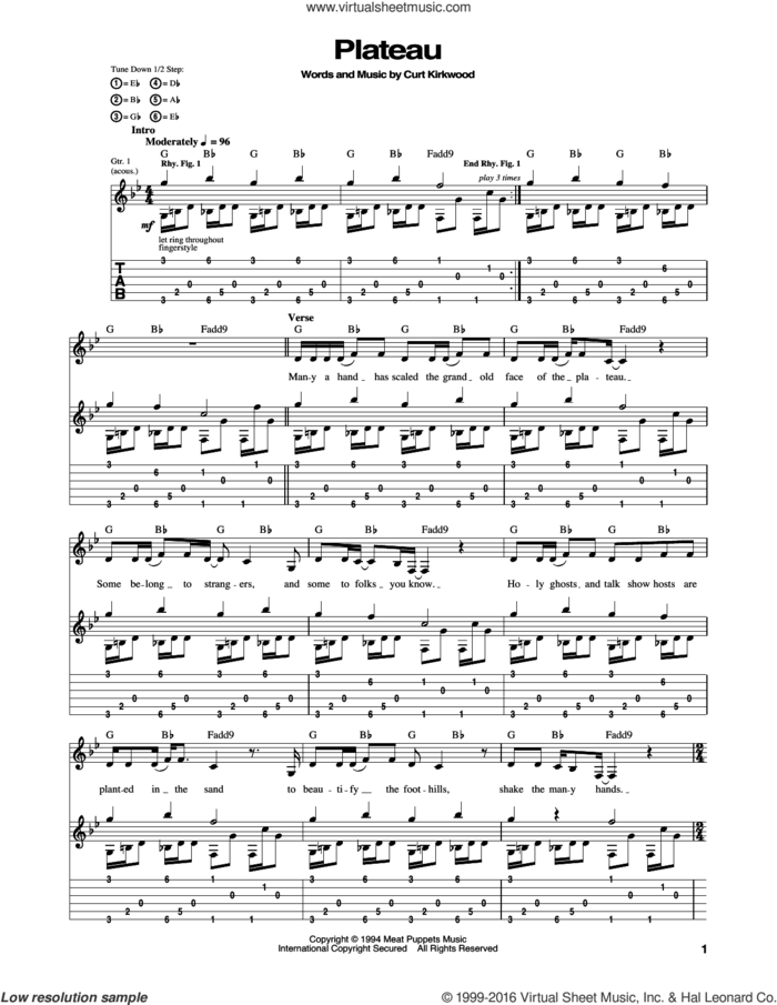 Plateau sheet music for guitar (tablature) by Nirvana and Curt Kirkwood, intermediate skill level