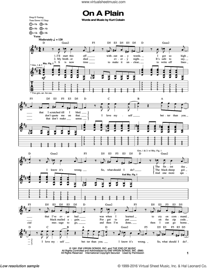 On A Plain sheet music for guitar (tablature) by Nirvana and Kurt Cobain, intermediate skill level