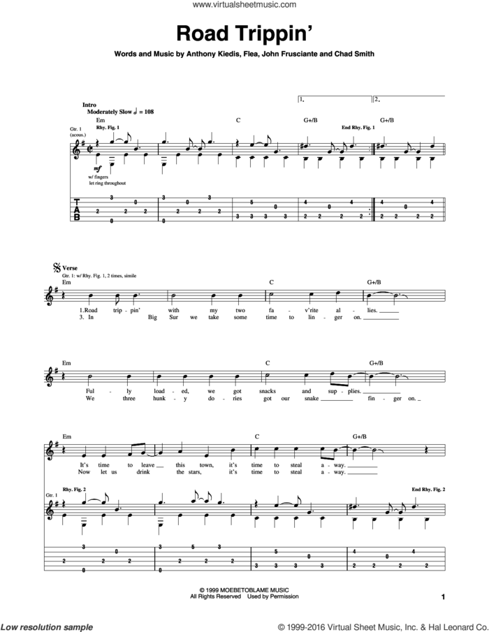 Road Trippin' sheet music for guitar (tablature) by Red Hot Chili Peppers, Anthony Kiedis, Chad Smith, Flea and John Frusciante, intermediate skill level