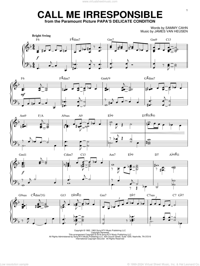 Call Me Irresponsible [Jazz version] (arr. Brent Edstrom) sheet music for piano solo by Sammy Cahn, Dinah Washington, Frank Sinatra, Jack Jones and Jimmy van Heusen, intermediate skill level