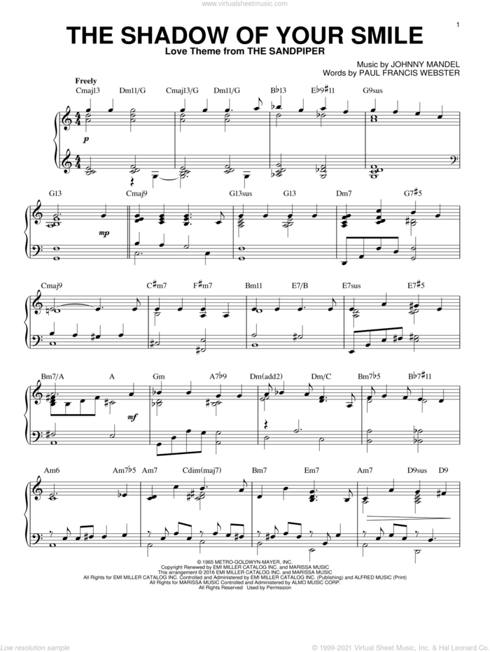 The Shadow Of Your Smile [Jazz version] (arr. Brent Edstrom) sheet music for piano solo by Paul Francis Webster and Johnny Mandel, intermediate skill level