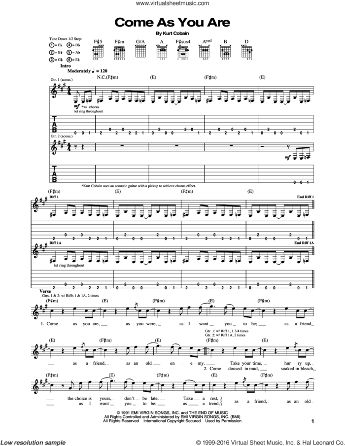 Come As You Are sheet music for guitar (tablature) by Nirvana and Kurt Cobain, intermediate skill level