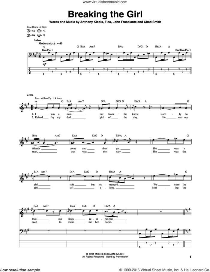 Breaking The Girl sheet music for bass (tablature) (bass guitar) by Red Hot Chili Peppers, Anthony Kiedis, Chad Smith, Flea and John Frusciante, intermediate skill level