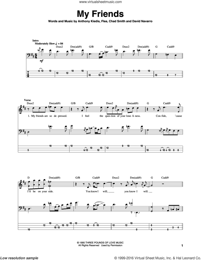 My Friends sheet music for bass (tablature) (bass guitar) by Red Hot Chili Peppers, Anthony Kiedis, Chad Smith, David Navarro and Flea, intermediate skill level
