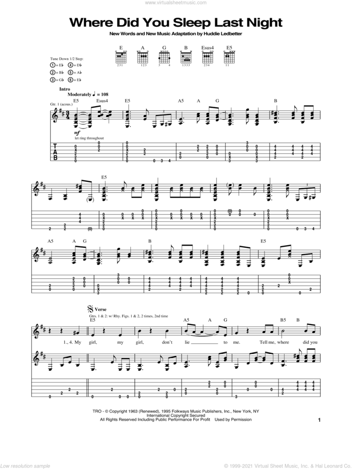 Where Did You Sleep Last Night sheet music for guitar (tablature) by Nirvana and Huddie Ledbetter, intermediate skill level