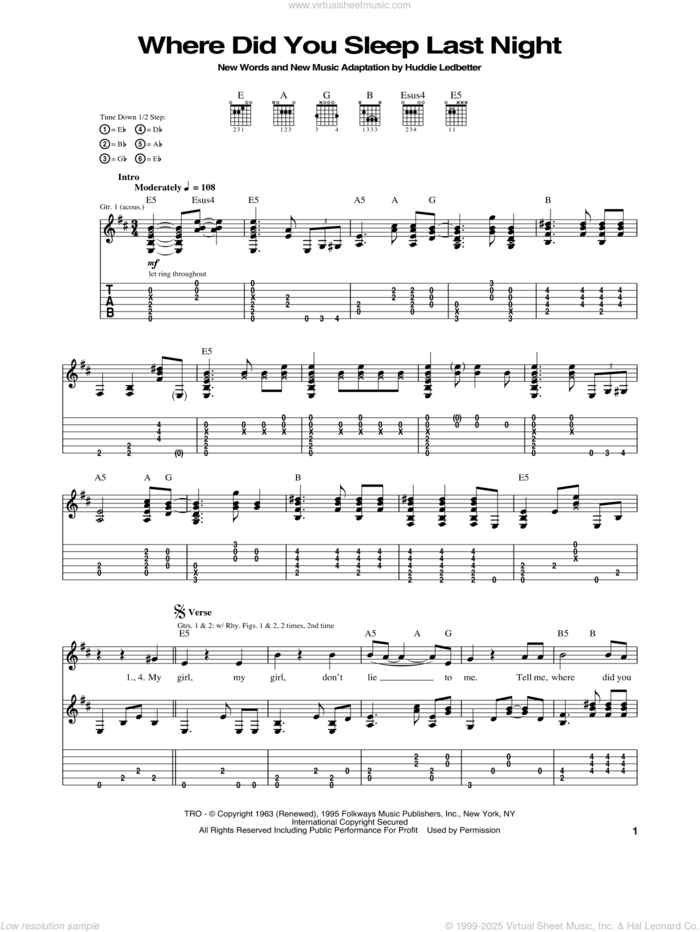 Where Did You Sleep Last Night sheet music for guitar (tablature) by Nirvana and Huddie Ledbetter, intermediate skill level