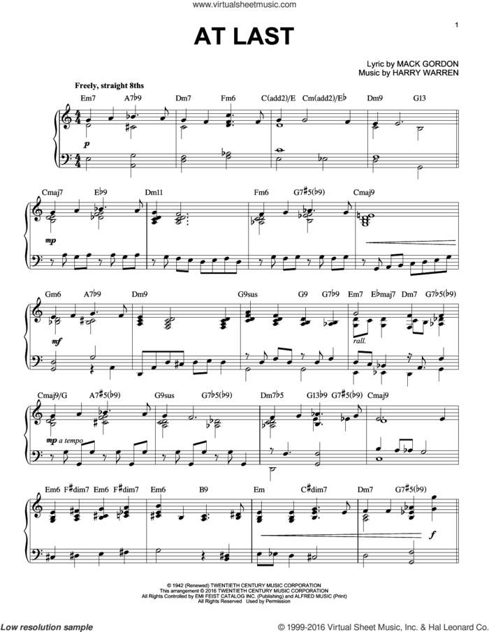 At Last [Jazz version] (arr. Brent Edstrom) sheet music for piano solo by Etta James, Harry Warren and Mack Gordon, intermediate skill level