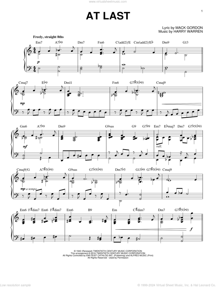 At Last [Jazz version] (arr. Brent Edstrom) sheet music for piano solo by Etta James, Harry Warren and Mack Gordon, wedding score, intermediate skill level