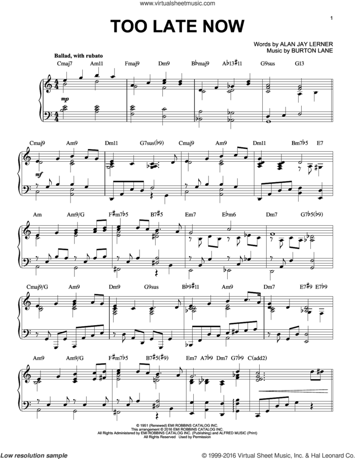 Too Late Now [Jazz version] (arr. Brent Edstrom) sheet music for piano solo by Alan Jay Lerner, Tommy Flanagan and Burton Lane, intermediate skill level