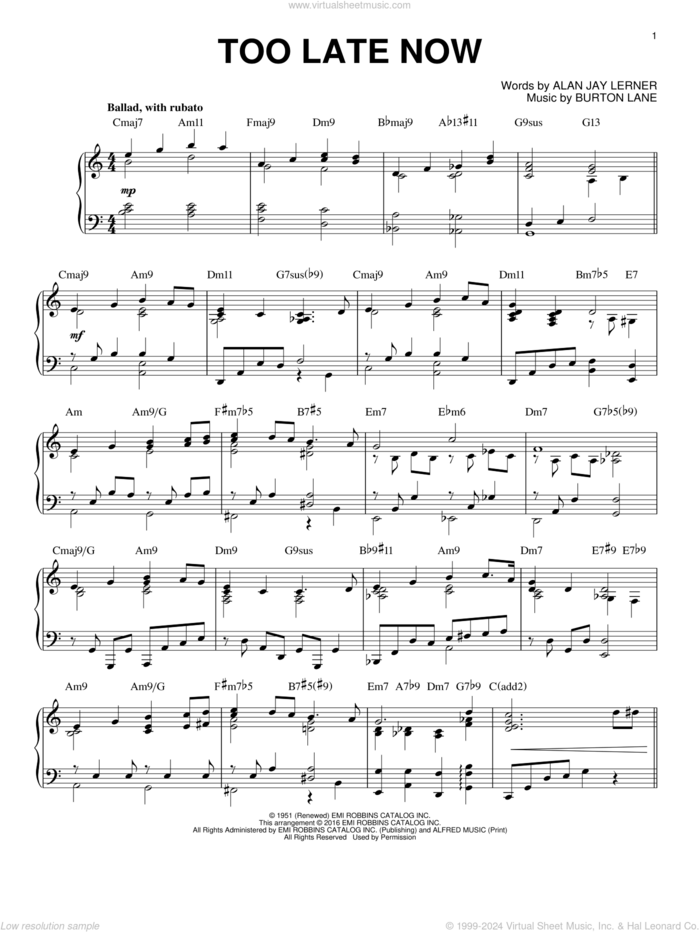 Too Late Now [Jazz version] (arr. Brent Edstrom) sheet music for piano solo by Alan Jay Lerner, Tommy Flanagan and Burton Lane, intermediate skill level