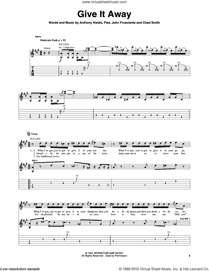 Give It Away sheet music for guitar (tablature) by Red Hot Chili Peppers, Anthony Kiedis, Chad Smith, Flea and John Frusciante, intermediate skill level
