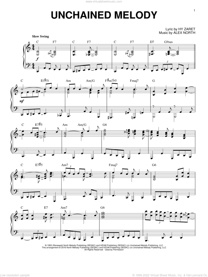 Unchained Melody [Jazz version] (arr. Brent Edstrom) sheet music for piano solo by The Righteous Brothers, Al Hibbler, Barry Manilow, Elvis Presley, Les Baxter, Alex North and Hy Zaret, wedding score, intermediate skill level