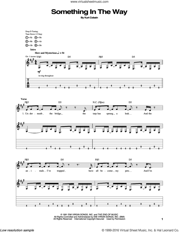 Something In The Way sheet music for guitar (tablature) by Nirvana and Kurt Cobain, intermediate skill level