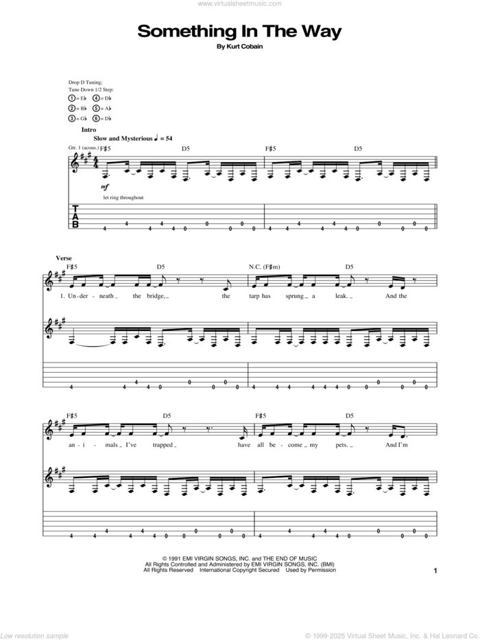 Something In The Way sheet music for guitar (tablature) by Nirvana and Kurt Cobain, intermediate skill level