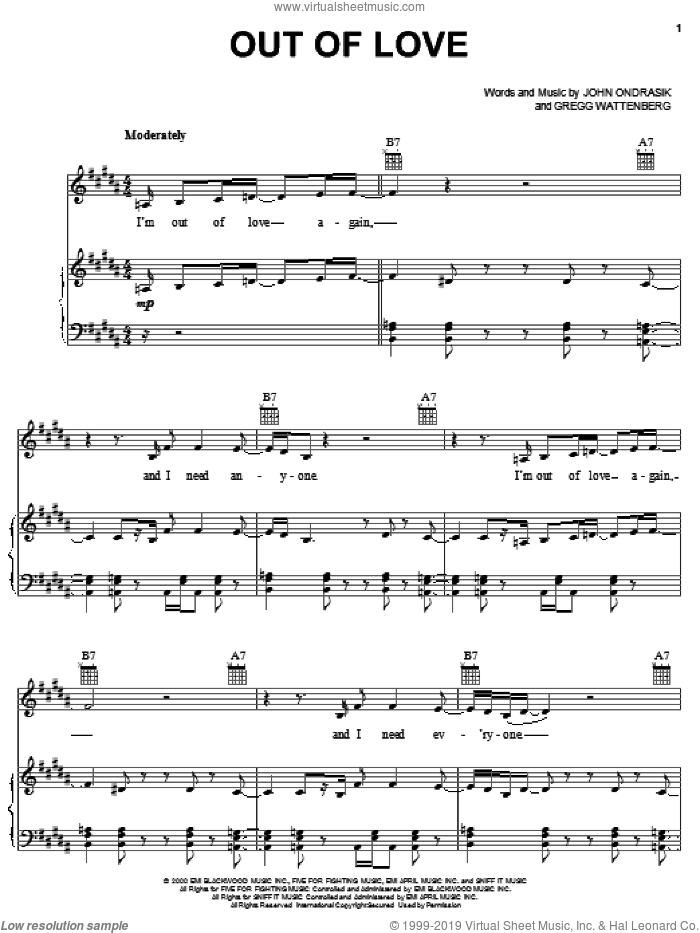 Out Of Love sheet music for voice, piano or guitar by Five For Fighting, Gregg Wattenberg and John Ondrasik, intermediate skill level