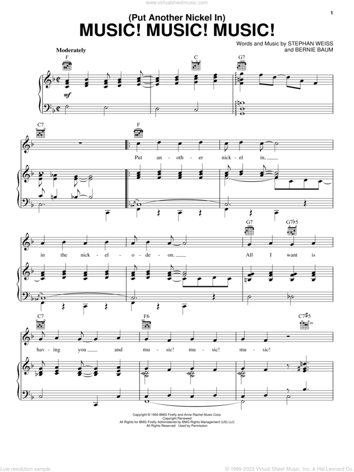 (Put Another Nickel In) Music! Music! Music! sheet music for voice, piano or guitar by Teresa Brewer, Bernie Baum and Stephen Weiss, intermediate skill level