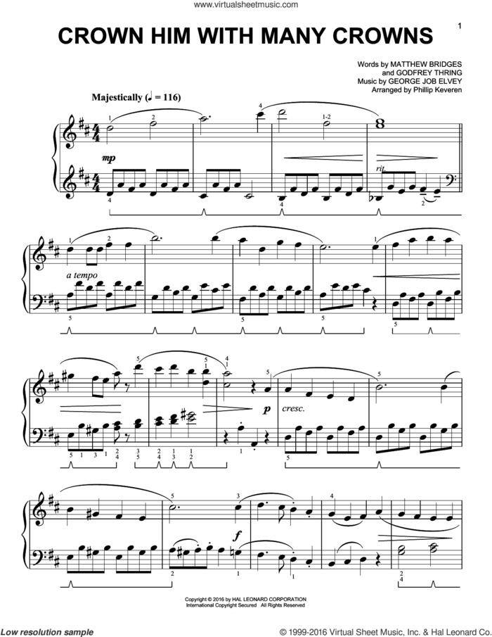 Crown Him With Many Crowns [Classical version] (arr. Phillip Keveren) sheet music for piano solo by George Job Elvey, Phillip Keveren, Godfrey Thring and Matthew Bridges, easy skill level