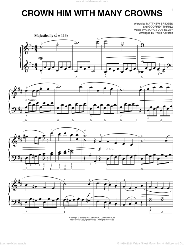 Crown Him With Many Crowns [Classical version] (arr. Phillip Keveren) sheet music for piano solo by George Job Elvey, Phillip Keveren, Godfrey Thring and Matthew Bridges, easy skill level