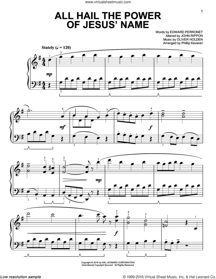All Hail The Power Of Jesus' Name [Classical version] (arr. Phillip Keveren) sheet music for piano solo by Edward Perronet, Phillip Keveren, John Rippon and Oliver Holden, easy skill level