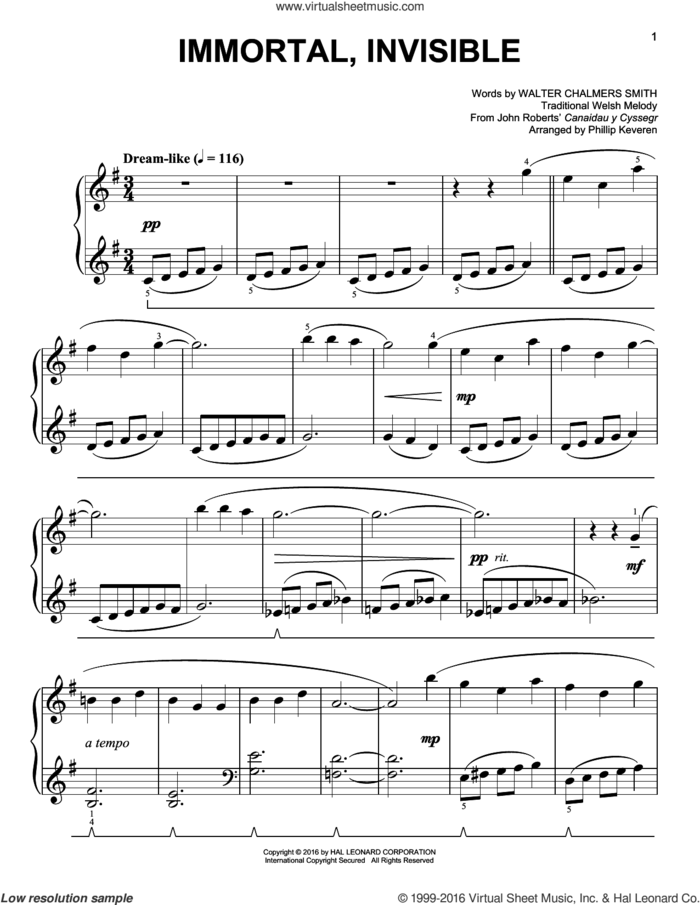 Immortal, Invisible [Classical version] (arr. Phillip Keveren) sheet music for piano solo by Walter Chalmers Smith and Phillip Keveren, easy skill level