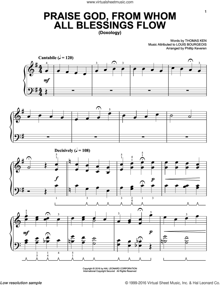 Praise God, From Whom All Blessings Flow [Classical version] (arr. Phillip Keveren), (easy) sheet music for piano solo by Thomas Ken, Phillip Keveren and Louis Bourgeois, easy skill level