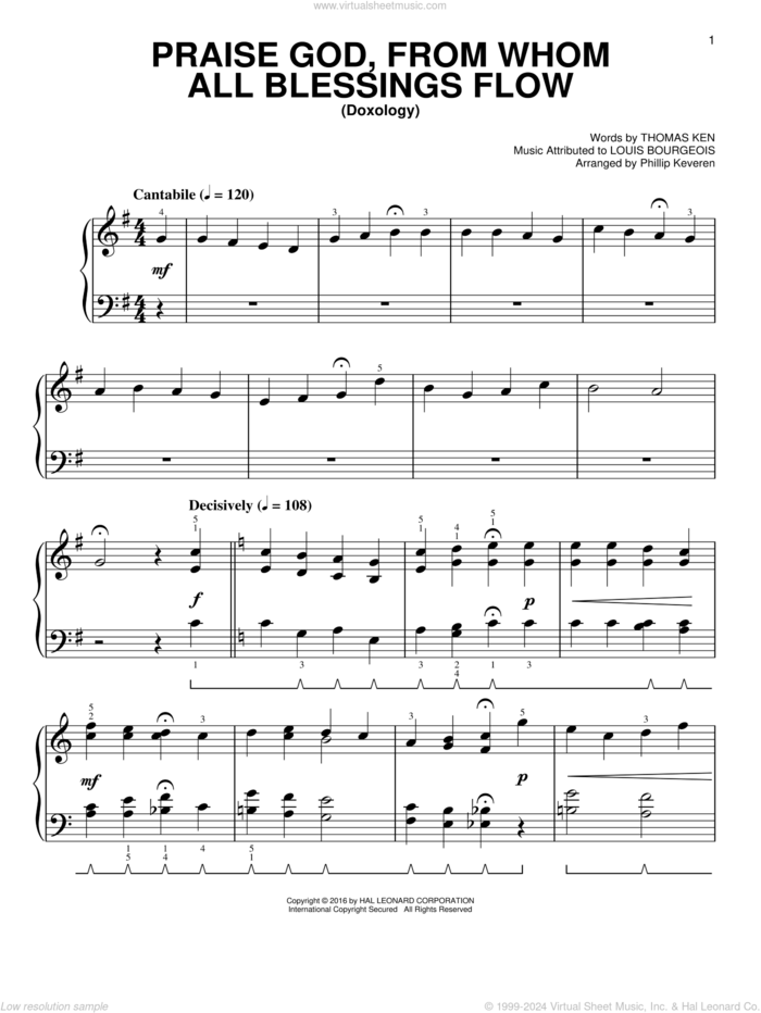 Praise God, From Whom All Blessings Flow [Classical version] (arr. Phillip Keveren), (easy) sheet music for piano solo by Thomas Ken, Phillip Keveren and Louis Bourgeois, easy skill level