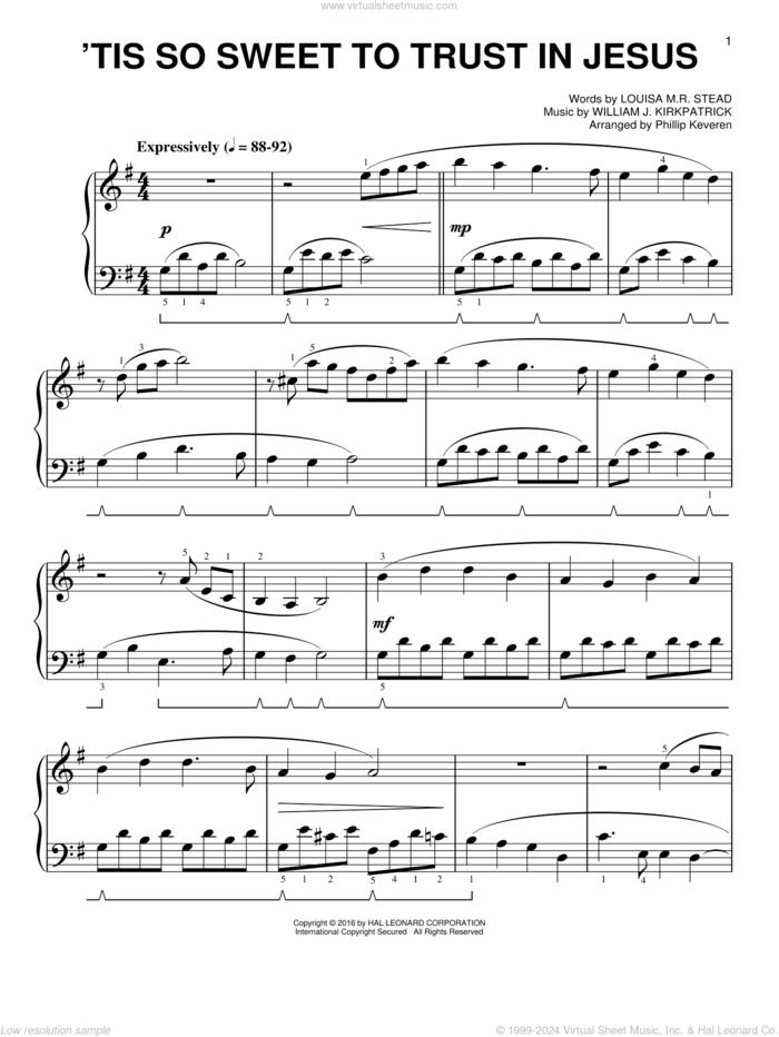 'Tis So Sweet To Trust In Jesus [Classical version] (arr. Phillip Keveren) sheet music for piano solo by William J. Kirkpatrick, Phillip Keveren and Louisa M.R. Stead, easy skill level