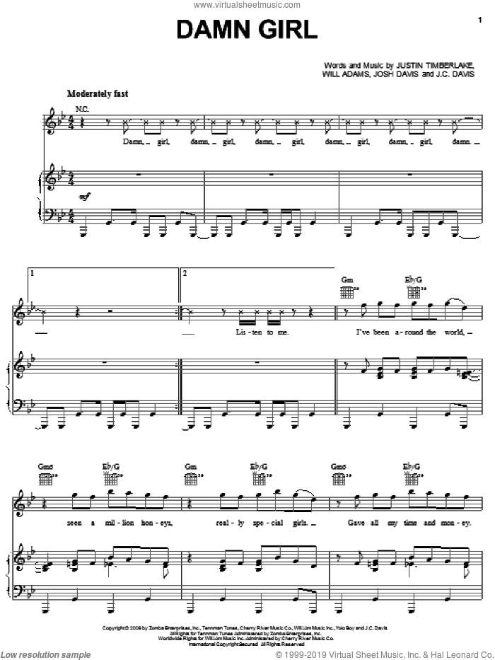 Damn Girl sheet music for voice, piano or guitar by Justin Timberlake, J.C. Davis, Josh Davis and Will Adams, intermediate skill level