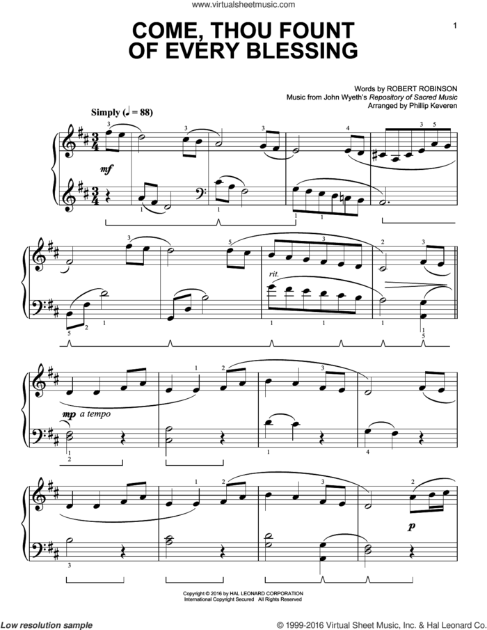 Come, Thou Fount Of Every Blessing [Classical version] (arr. Phillip Keveren) sheet music for piano solo by Robert Robinson, Phillip Keveren and John Wyeth, easy skill level