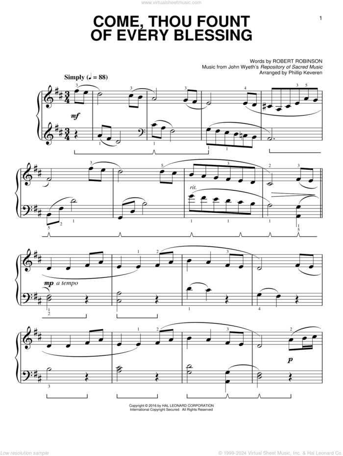 Come, Thou Fount Of Every Blessing [Classical version] (arr. Phillip Keveren) sheet music for piano solo by Robert Robinson, Phillip Keveren and John Wyeth, easy skill level