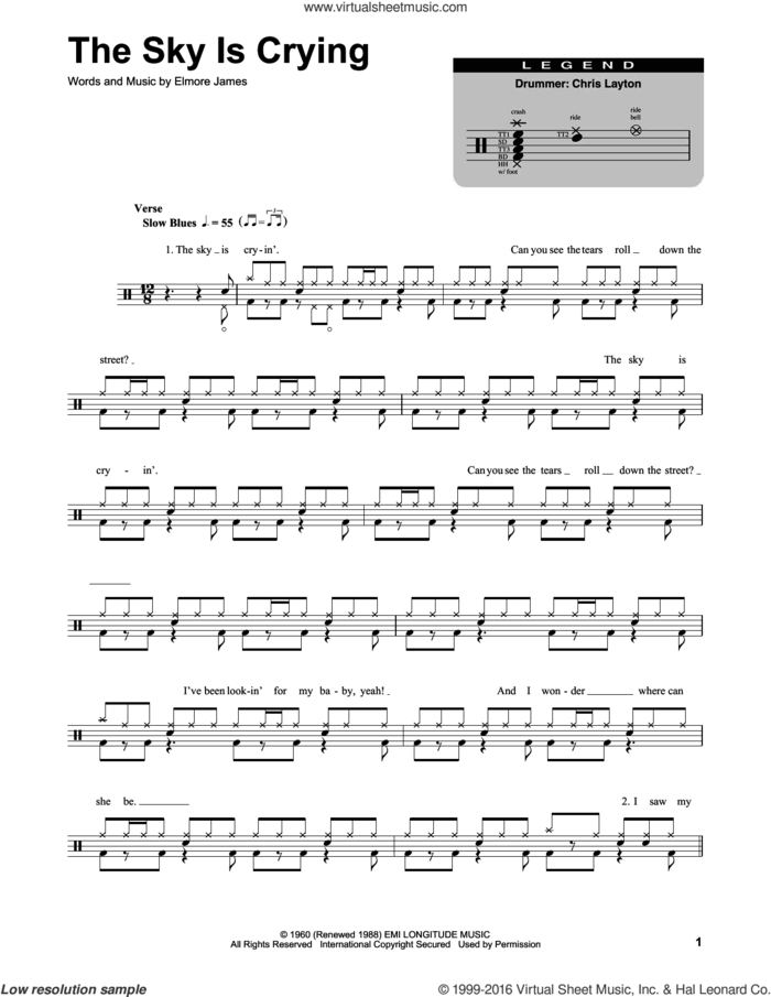 The Sky Is Crying sheet music for drums by Stevie Ray Vaughan, Eric Clapton and Elmore James, intermediate skill level