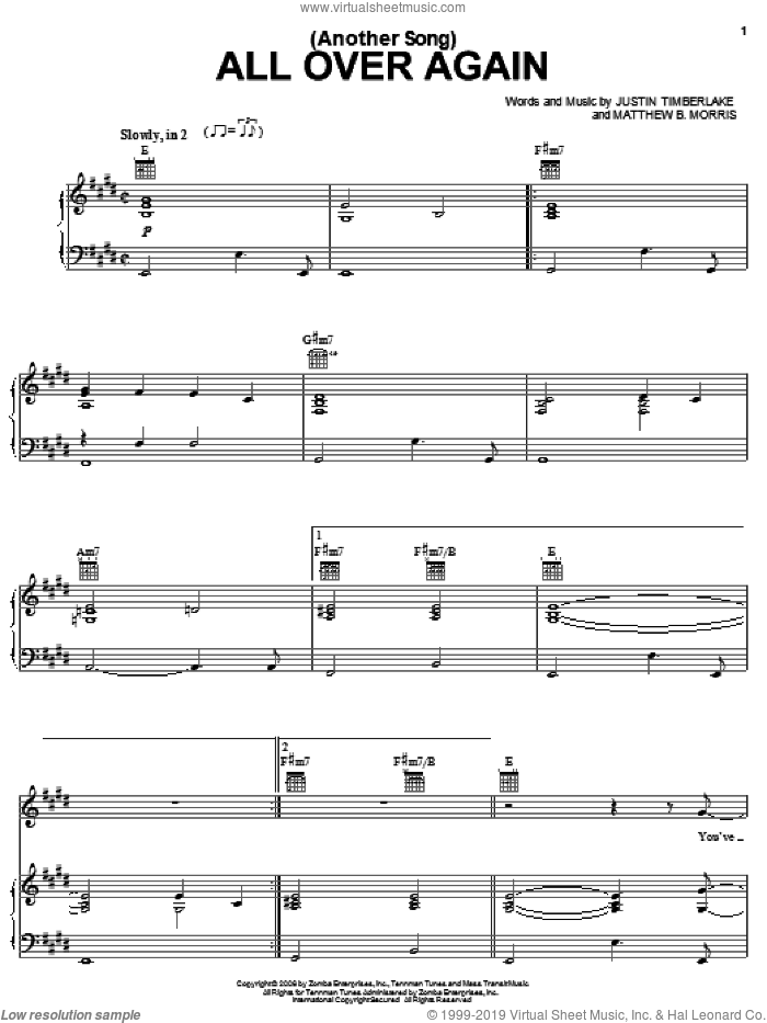 (Another Song) All Over Again sheet music for voice, piano or guitar by Justin Timberlake and Matthew Morris, intermediate skill level