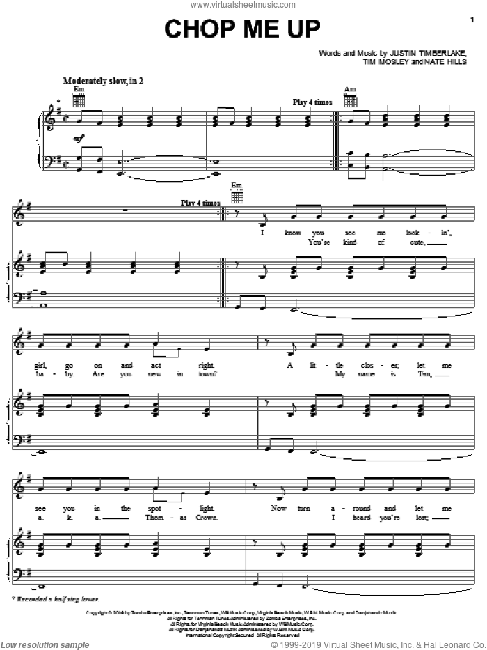 Chop Me Up sheet music for voice, piano or guitar by Justin Timberlake, Nate Hills and Tim Mosley, intermediate skill level