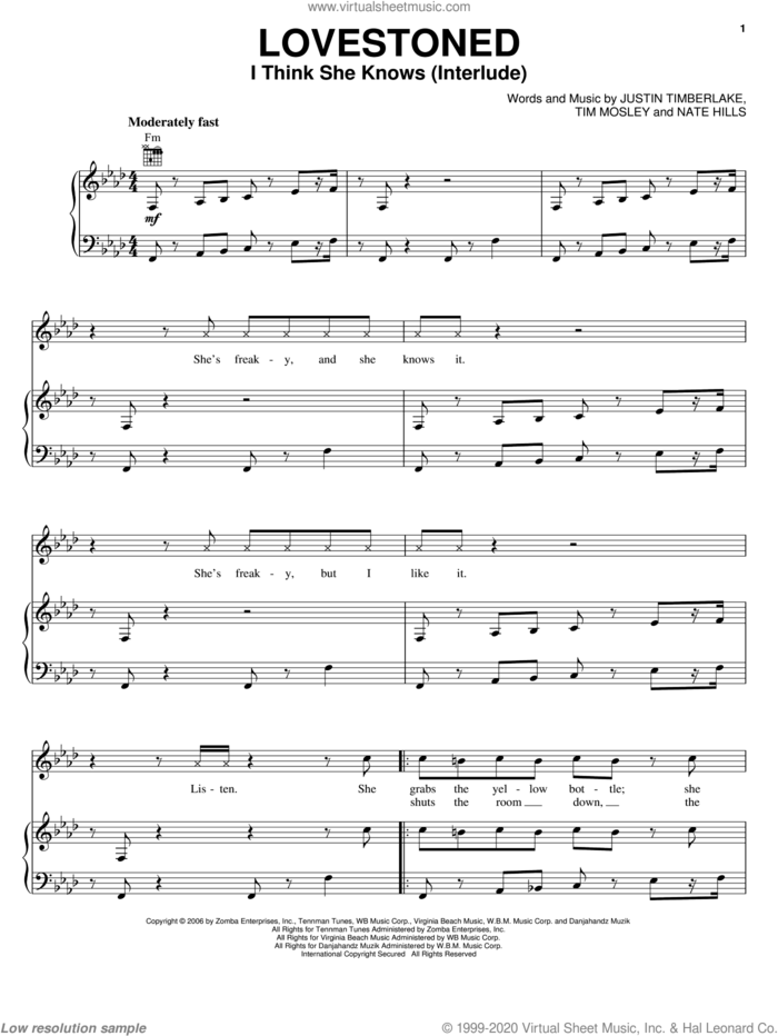 Lovestoned (I Think She Knows Interlude) sheet music for voice, piano or guitar by Justin Timberlake, Nate Hills and Tim Mosley, intermediate skill level