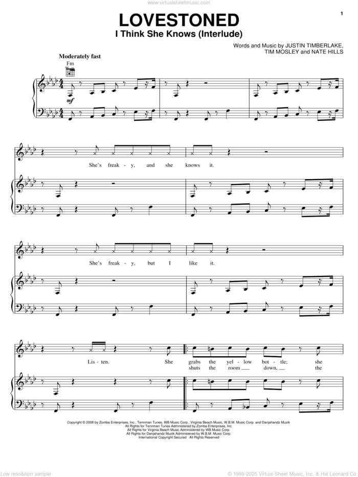 Lovestoned (I Think She Knows Interlude) sheet music for voice, piano or guitar by Justin Timberlake, Nate Hills and Tim Mosley, intermediate skill level