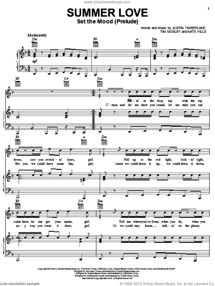 Summer Love (Set The Mood Prelude) sheet music for voice, piano or guitar by Justin Timberlake, Nate Hills and Tim Mosley, intermediate skill level