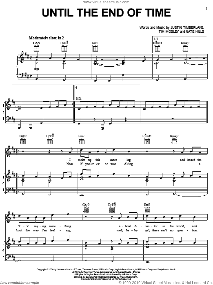 Until The End Of Time sheet music for voice, piano or guitar by Justin Timberlake, Nate Hills and Tim Mosley, intermediate skill level