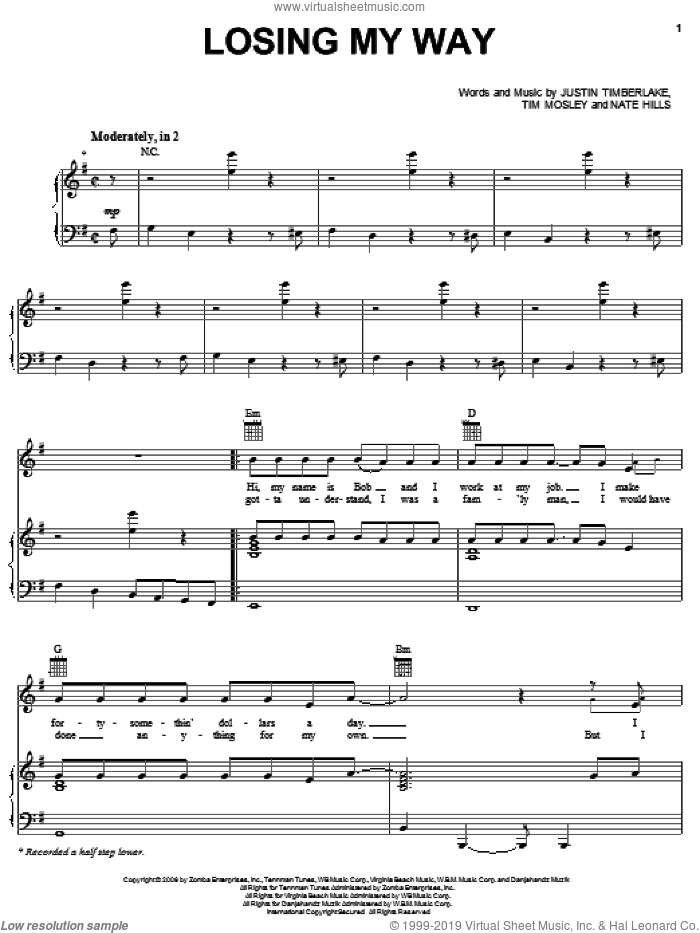 Losing My Way sheet music for voice, piano or guitar by Justin Timberlake, Nate Hills and Tim Mosley, intermediate skill level