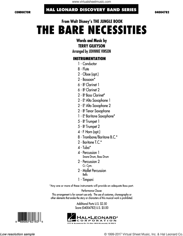 The Bare Necessities (COMPLETE) sheet music for concert band by Johnnie Vinson and Terry Gilkyson, intermediate skill level