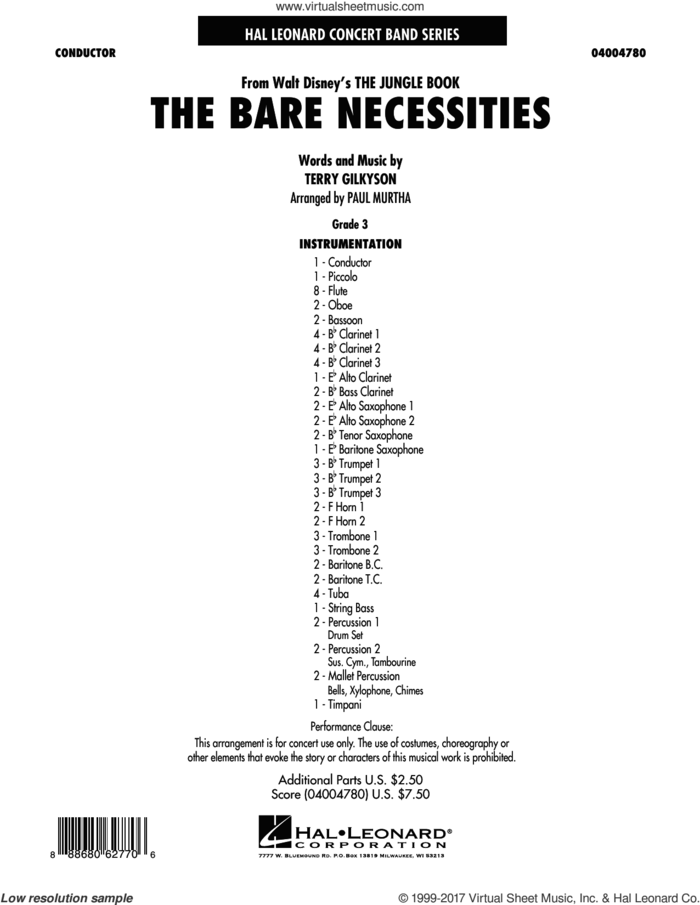 The Bare Necessities (COMPLETE) sheet music for concert band by Paul Murtha and Terry Gilkyson, intermediate skill level
