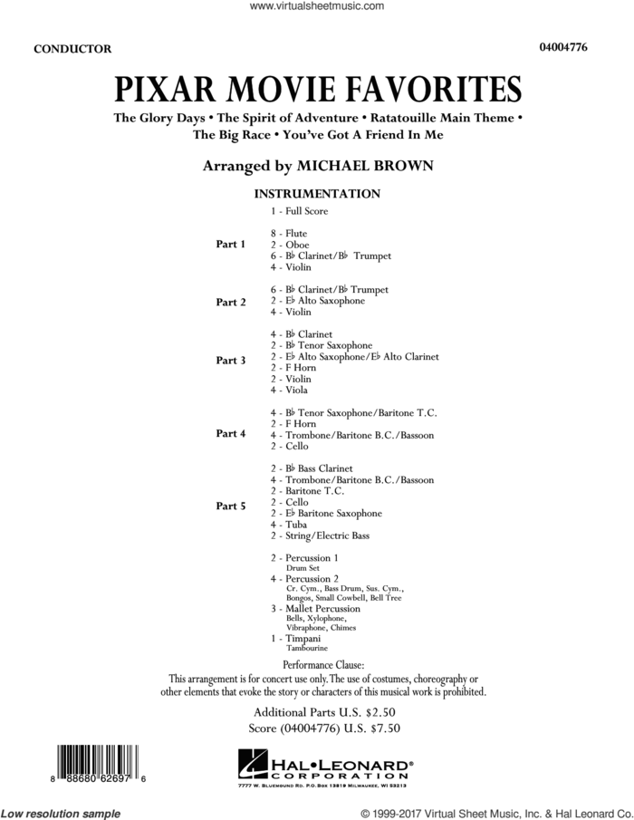 Pixar Movie Favorites (COMPLETE) sheet music for concert band by Michael Brown, intermediate skill level